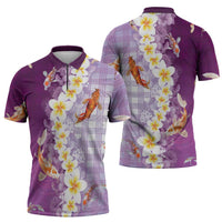 Hawaii And Japan Zipper Polo Shirt Plumeria Lei With Koi Fish Purple LT05 - Polynesian Pride