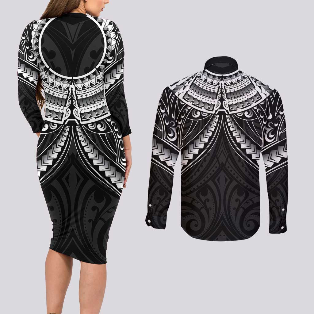 New Zealand Morepork Couples Matching Long Sleeve Bodycon Dress and Long Sleeve Button Shirt Maori Pattern Black LT05 - Polynesian Pride