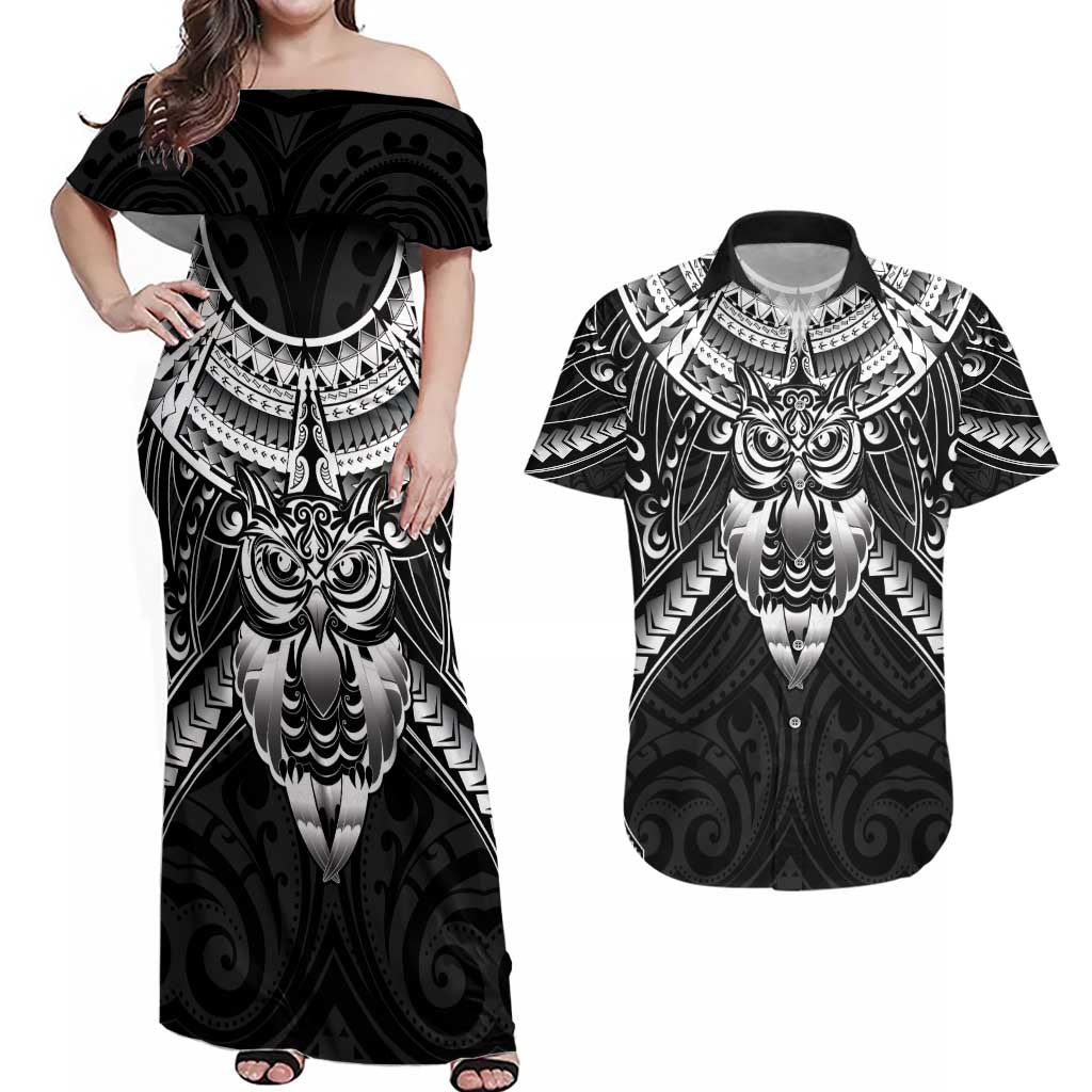 New Zealand Morepork Couples Matching Off Shoulder Maxi Dress and Hawaiian Shirt Maori Pattern Black LT05 Black - Polynesian Pride