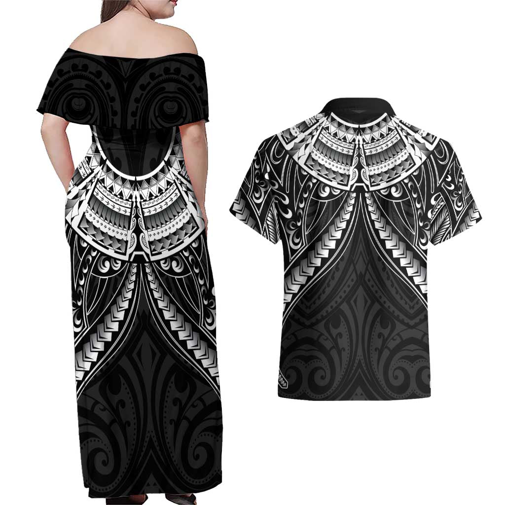 New Zealand Morepork Couples Matching Off Shoulder Maxi Dress and Hawaiian Shirt Maori Pattern Black LT05 - Polynesian Pride