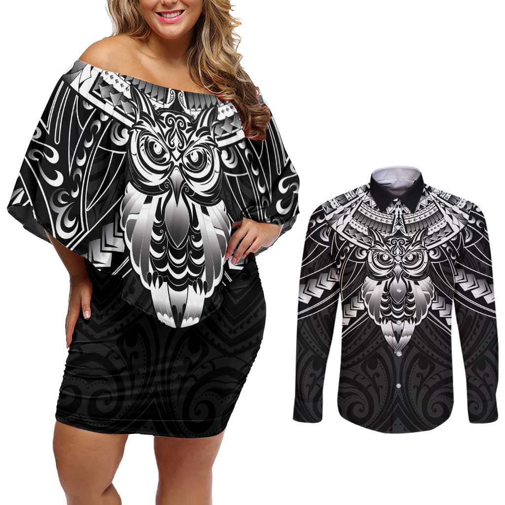 New Zealand Morepork Couples Matching Off Shoulder Short Dress and Long Sleeve Button Shirt Maori Pattern Black