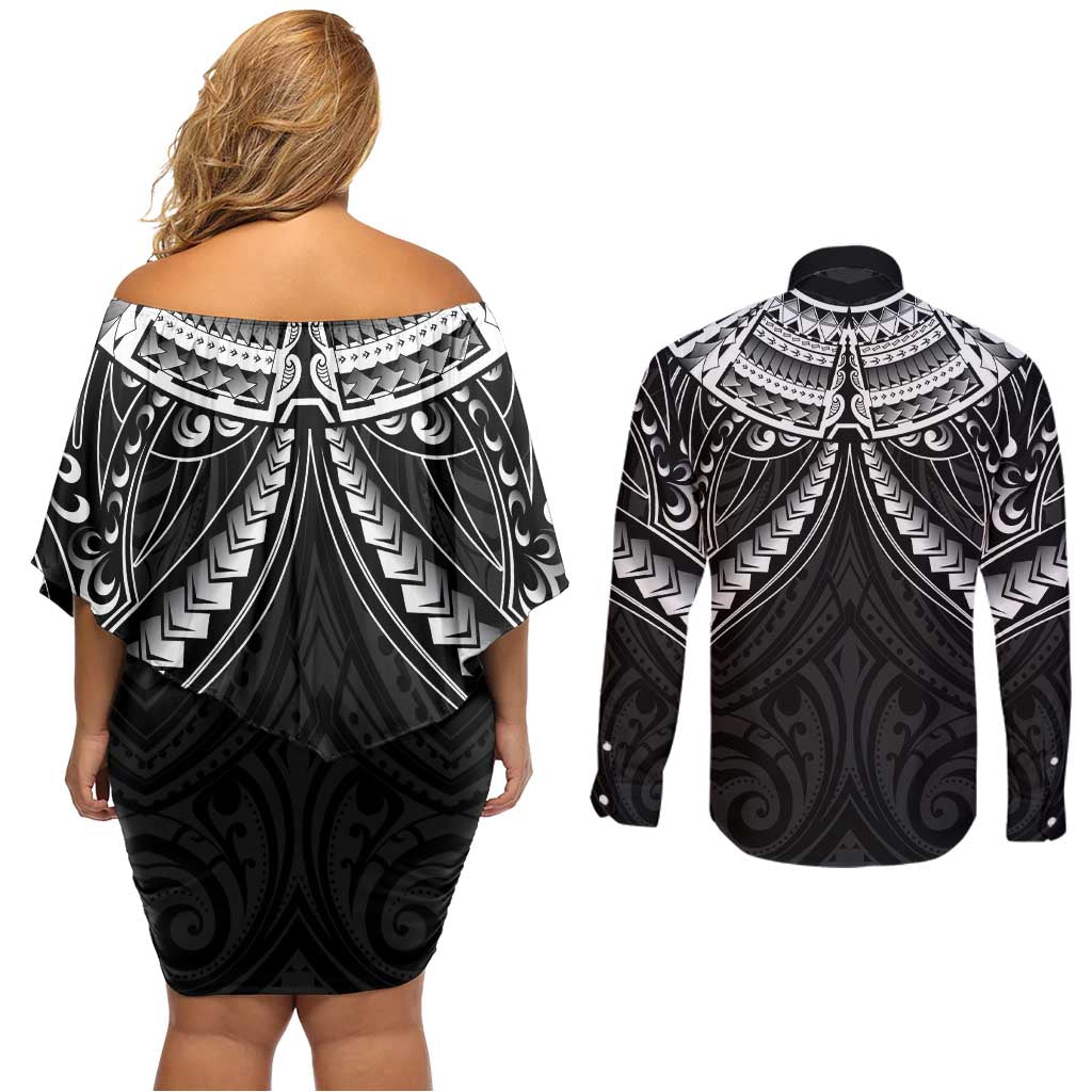New Zealand Morepork Couples Matching Off Shoulder Short Dress and Long Sleeve Button Shirt Maori Pattern Black