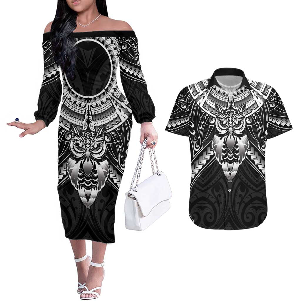 New Zealand Morepork Couples Matching Off The Shoulder Long Sleeve Dress and Hawaiian Shirt Maori Pattern Black LT05 Black - Polynesian Pride