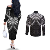 New Zealand Morepork Couples Matching Off The Shoulder Long Sleeve Dress and Long Sleeve Button Shirt Maori Pattern Black LT05 - Polynesian Pride