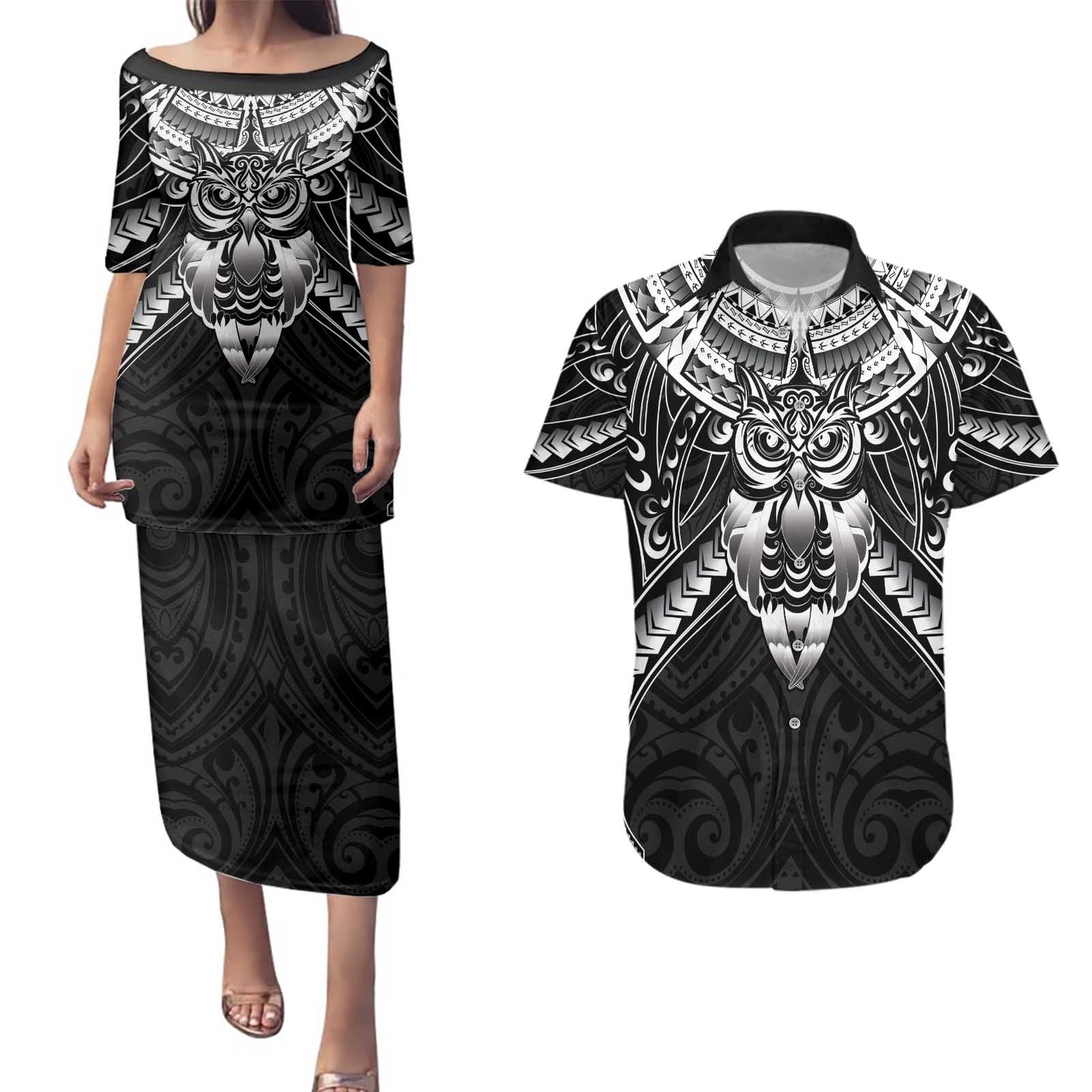 New Zealand Morepork Couples Matching Puletasi and Hawaiian Shirt Maori Pattern Black LT05 Black - Polynesian Pride
