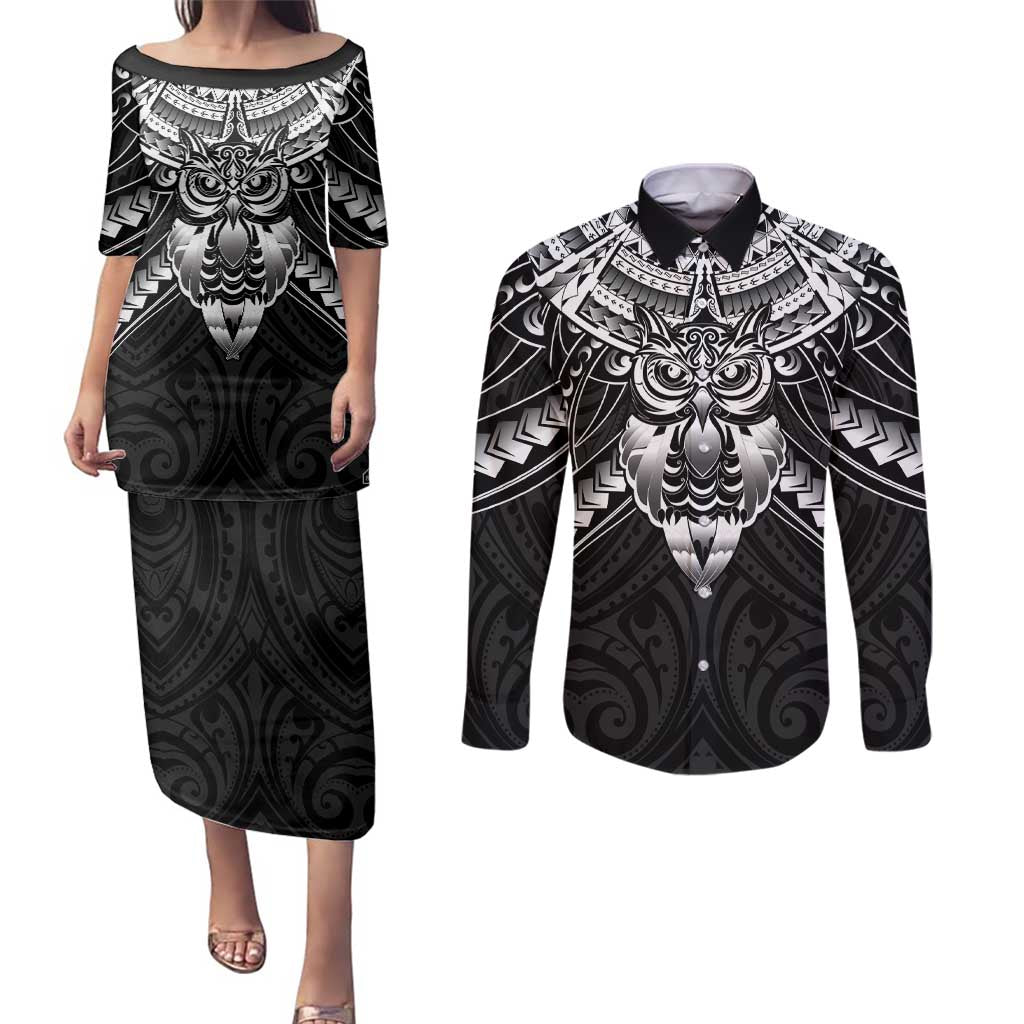 New Zealand Morepork Couples Matching Puletasi and Long Sleeve Button Shirt Maori Pattern Black LT05 Black - Polynesian Pride