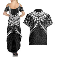 New Zealand Morepork Couples Matching Summer Maxi Dress and Hawaiian Shirt Maori Pattern Black LT05 - Polynesian Pride