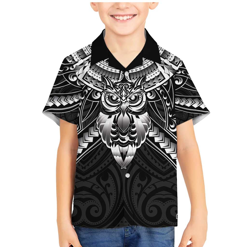 New Zealand Morepork Family Matching Mermaid Dress and Hawaiian Shirt Maori Pattern Black LT05 Son's Shirt Black - Polynesian Pride