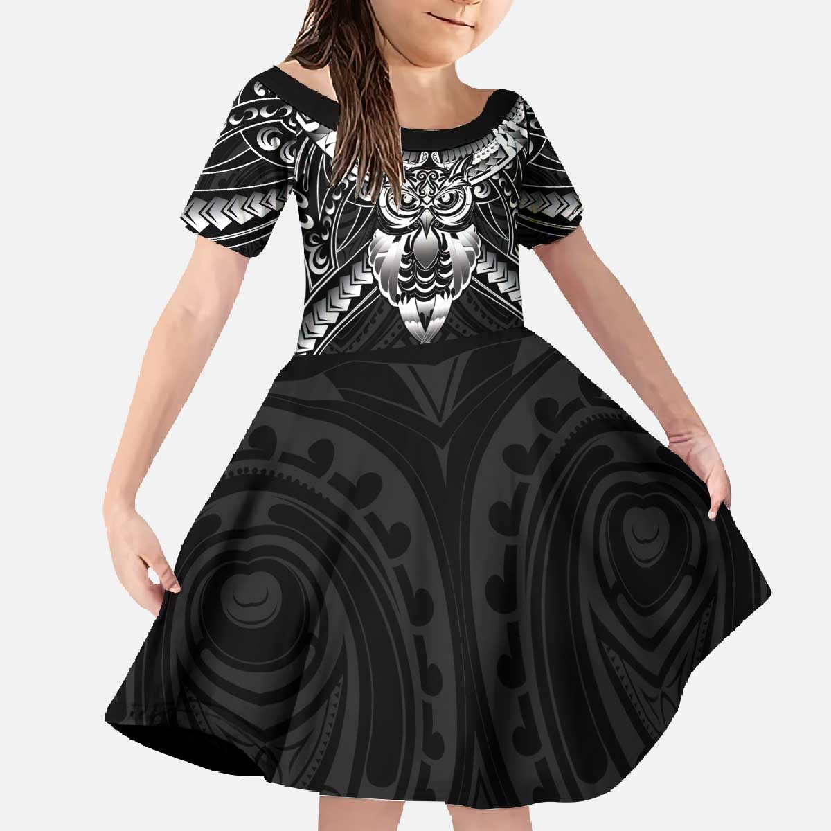 New Zealand Morepork Family Matching Off The Shoulder Long Sleeve Dress and Hawaiian Shirt Maori Pattern Black LT05 Daughter's Dress Black - Polynesian Pride