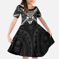 New Zealand Morepork Family Matching Off The Shoulder Long Sleeve Dress and Hawaiian Shirt Maori Pattern Black LT05 Daughter's Dress Black - Polynesian Pride