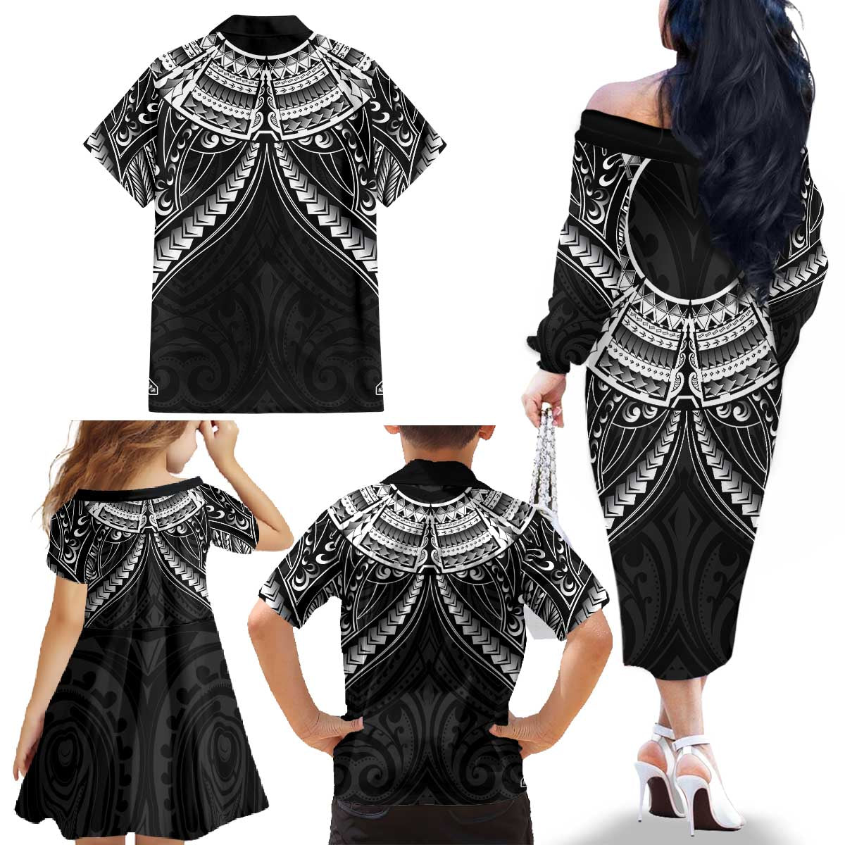New Zealand Morepork Family Matching Off The Shoulder Long Sleeve Dress and Hawaiian Shirt Maori Pattern Black LT05 - Polynesian Pride