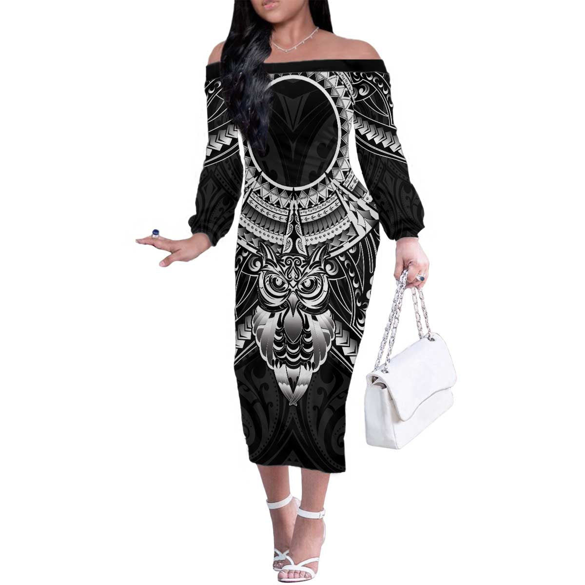 New Zealand Morepork Family Matching Off The Shoulder Long Sleeve Dress and Hawaiian Shirt Maori Pattern Black LT05 Mom's Dress Black - Polynesian Pride