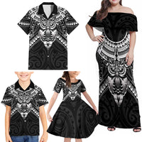 New Zealand Morepork Family Matching Off Shoulder Maxi Dress and Hawaiian Shirt Maori Pattern Black LT05 - Polynesian Pride