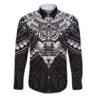 New Zealand Morepork Family Matching Off Shoulder Maxi Dress and Hawaiian Shirt Maori Pattern Black LT05 Dad's Shirt - Long Sleeve Black - Polynesian Pride
