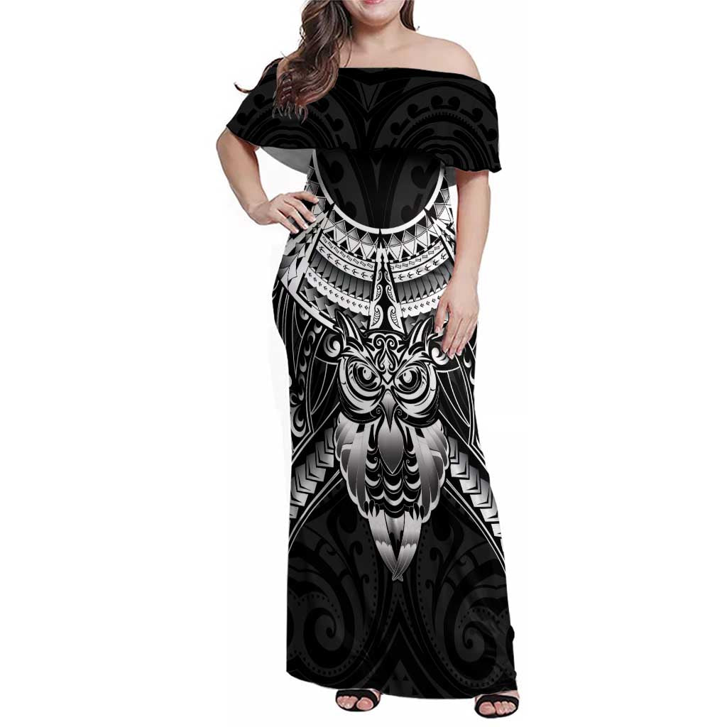 New Zealand Morepork Family Matching Off Shoulder Maxi Dress and Hawaiian Shirt Maori Pattern Black LT05 Mom's Dress Black - Polynesian Pride