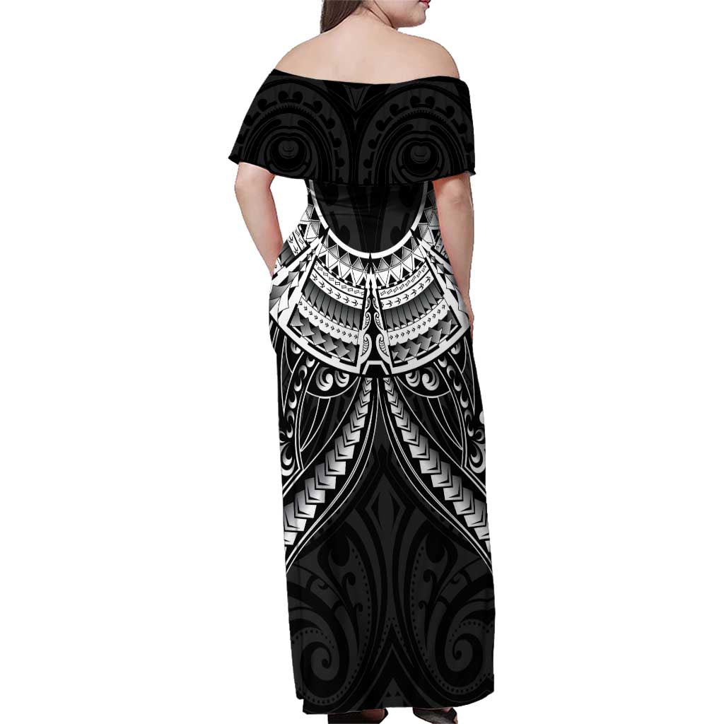 New Zealand Morepork Family Matching Off Shoulder Maxi Dress and Hawaiian Shirt Maori Pattern Black LT05 - Polynesian Pride