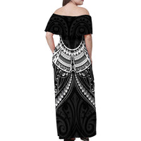 New Zealand Morepork Family Matching Off Shoulder Maxi Dress and Hawaiian Shirt Maori Pattern Black LT05 - Polynesian Pride