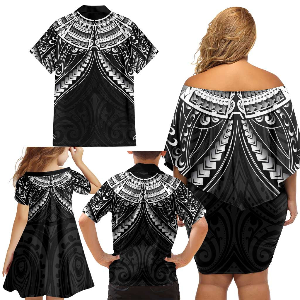 New Zealand Morepork Family Matching Off Shoulder Short Dress and Hawaiian Shirt Maori Pattern Black LT05 - Polynesian Pride