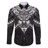 New Zealand Morepork Family Matching Puletasi and Hawaiian Shirt Maori Pattern Black LT05 Dad's Shirt - Long Sleeve Black - Polynesian Pride