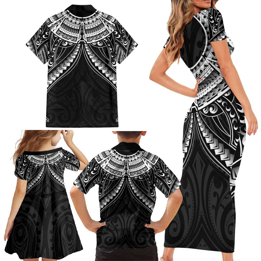 New Zealand Morepork Family Matching Short Sleeve Bodycon Dress and Hawaiian Shirt Maori Pattern Black LT05 - Polynesian Pride