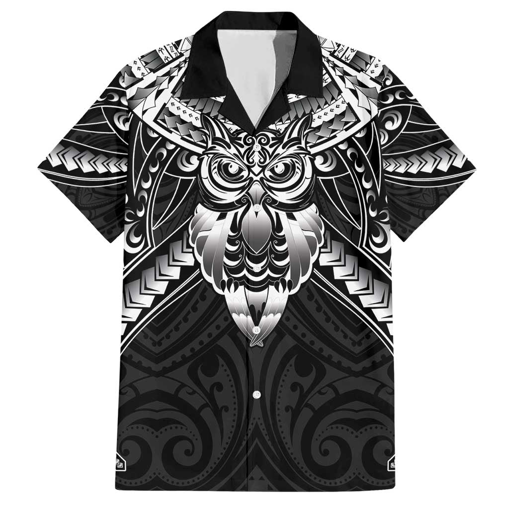New Zealand Morepork Family Matching Short Sleeve Bodycon Dress and Hawaiian Shirt Maori Pattern Black LT05 Dad's Shirt - Short Sleeve Black - Polynesian Pride