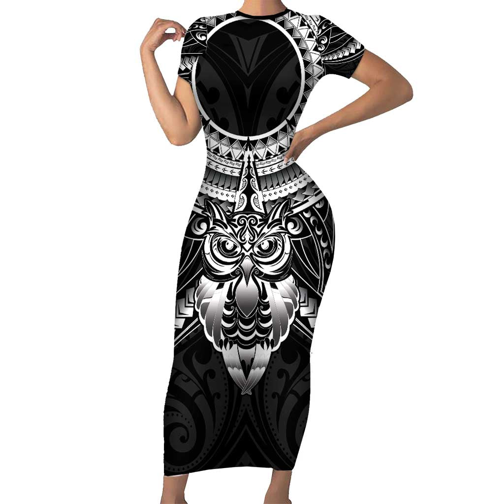 New Zealand Morepork Family Matching Short Sleeve Bodycon Dress and Hawaiian Shirt Maori Pattern Black LT05 Mom's Dress Black - Polynesian Pride