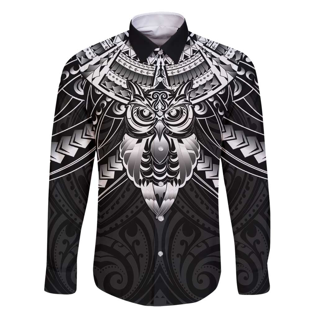 New Zealand Morepork Family Matching Summer Maxi Dress and Hawaiian Shirt Maori Pattern Black LT05 Dad's Shirt - Long Sleeve Black - Polynesian Pride