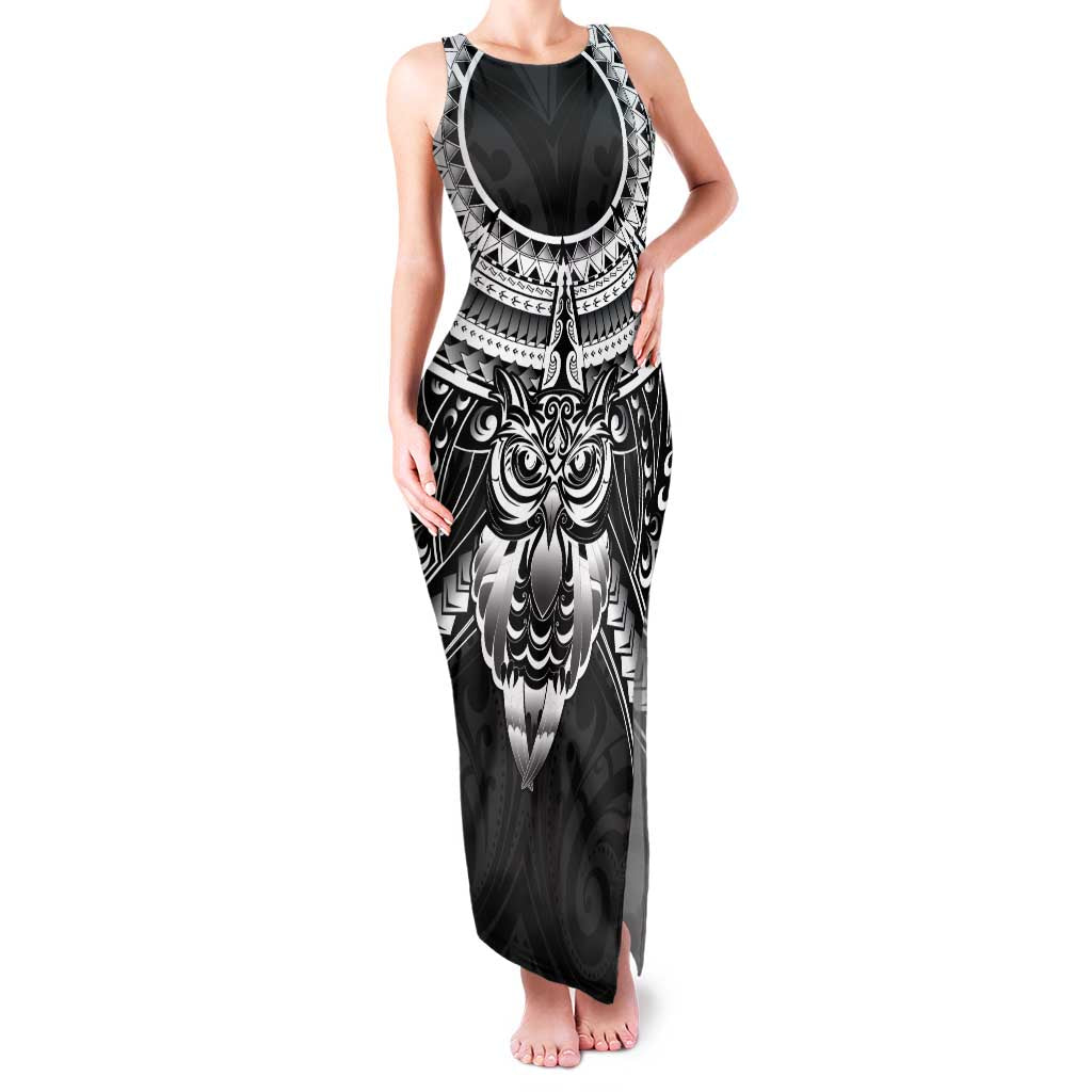 New Zealand Morepork Family Matching Tank Maxi Dress and Hawaiian Shirt Maori Pattern Black LT05 Mom's Dress Black - Polynesian Pride