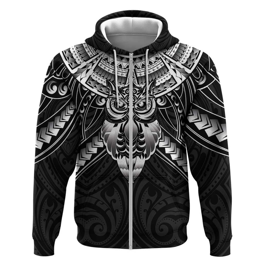 New Zealand Morepork Hoodie Maori Pattern Black LT05 Zip Hoodie Black - Polynesian Pride