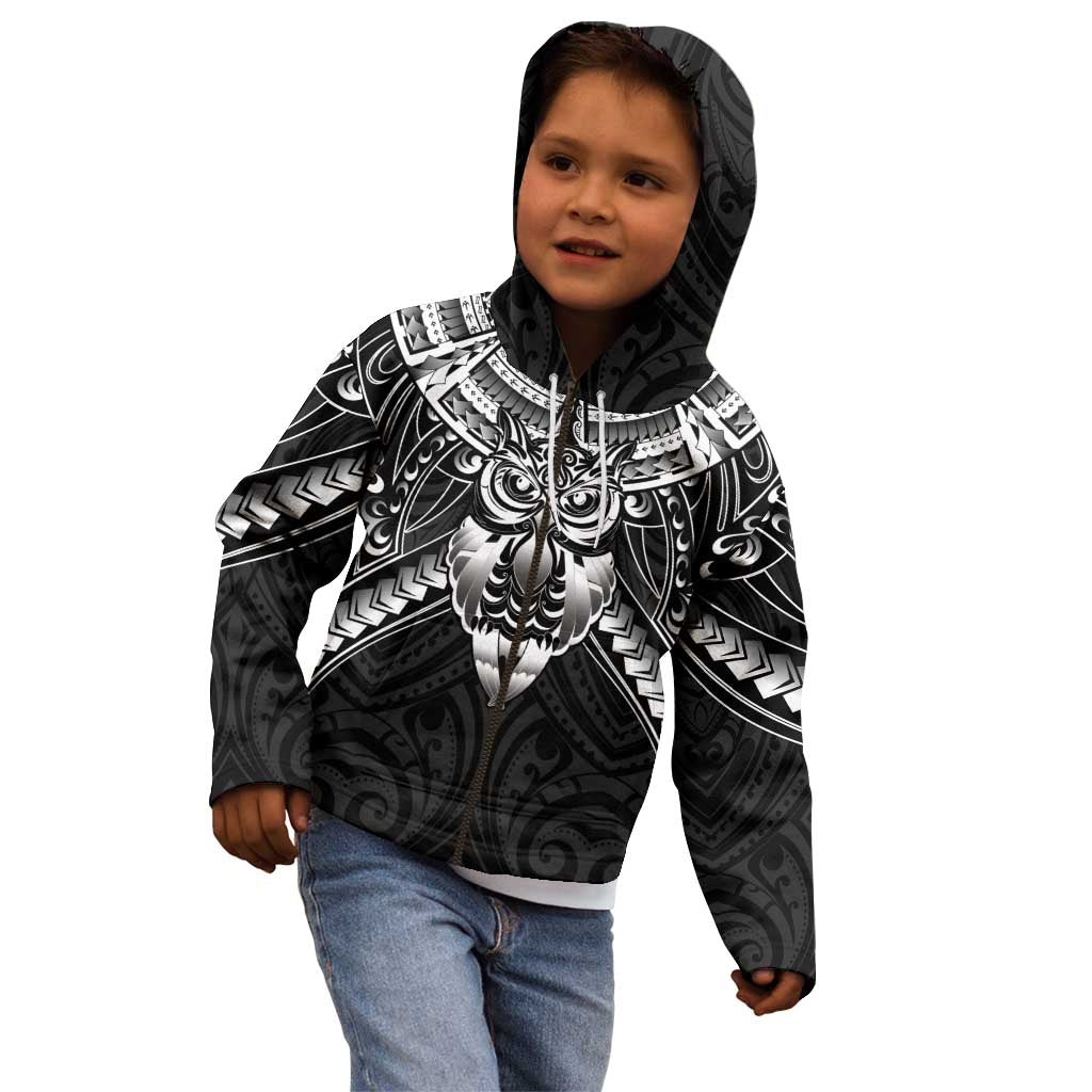 New Zealand Morepork Kid Hoodie Maori Pattern Black LT05 - Polynesian Pride