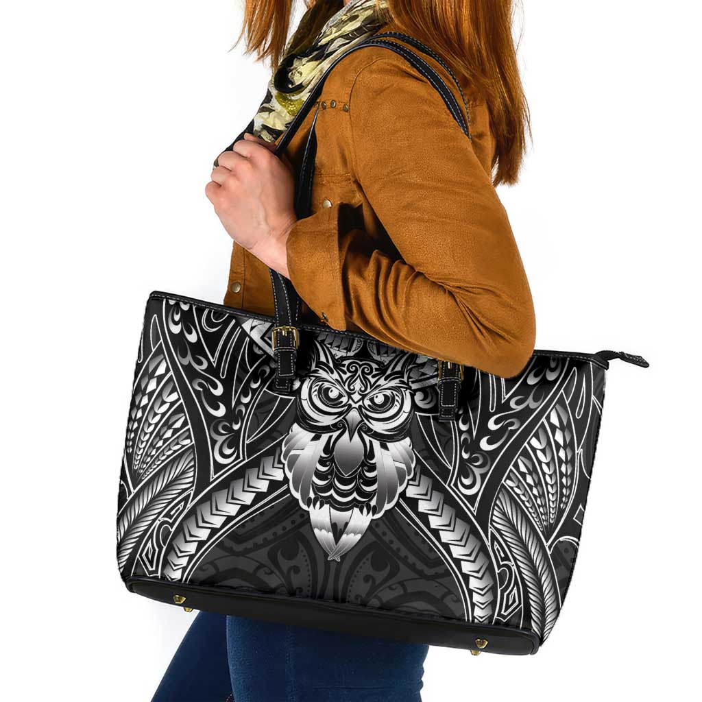 New Zealand Morepork Leather Tote Bag Maori Pattern Black LT05 Black - Polynesian Pride