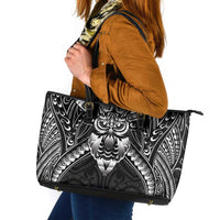 New Zealand Morepork Leather Tote Bag Maori Pattern Black LT05 Black - Polynesian Pride