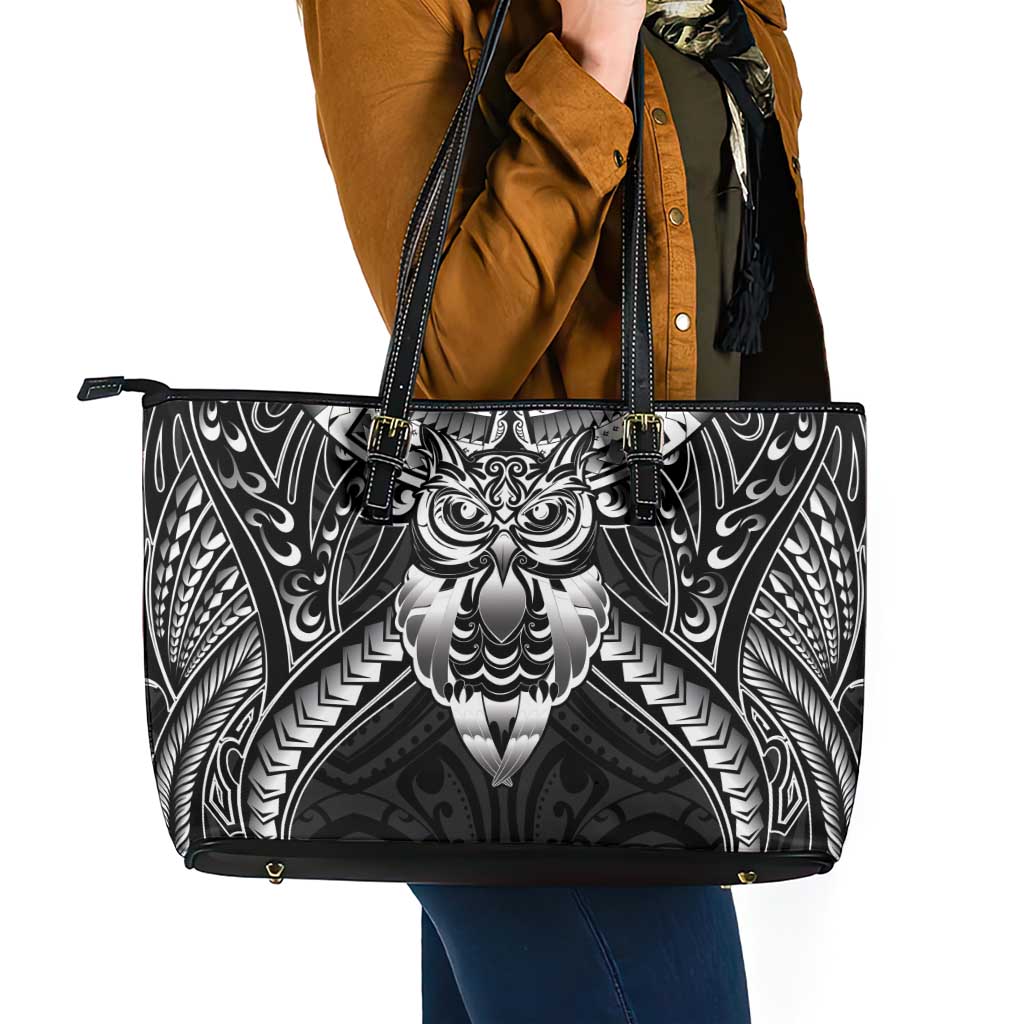 New Zealand Morepork Leather Tote Bag Maori Pattern Black LT05 - Polynesian Pride