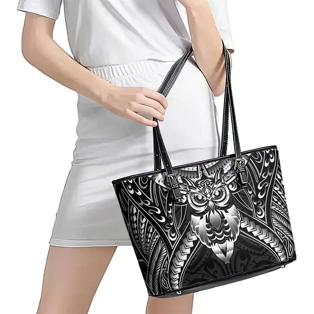 New Zealand Morepork Leather Tote Bag Maori Pattern Black LT05 - Polynesian Pride