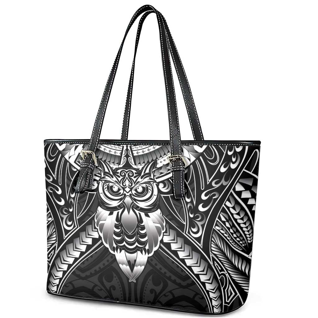 New Zealand Morepork Leather Tote Bag Maori Pattern Black LT05 - Polynesian Pride