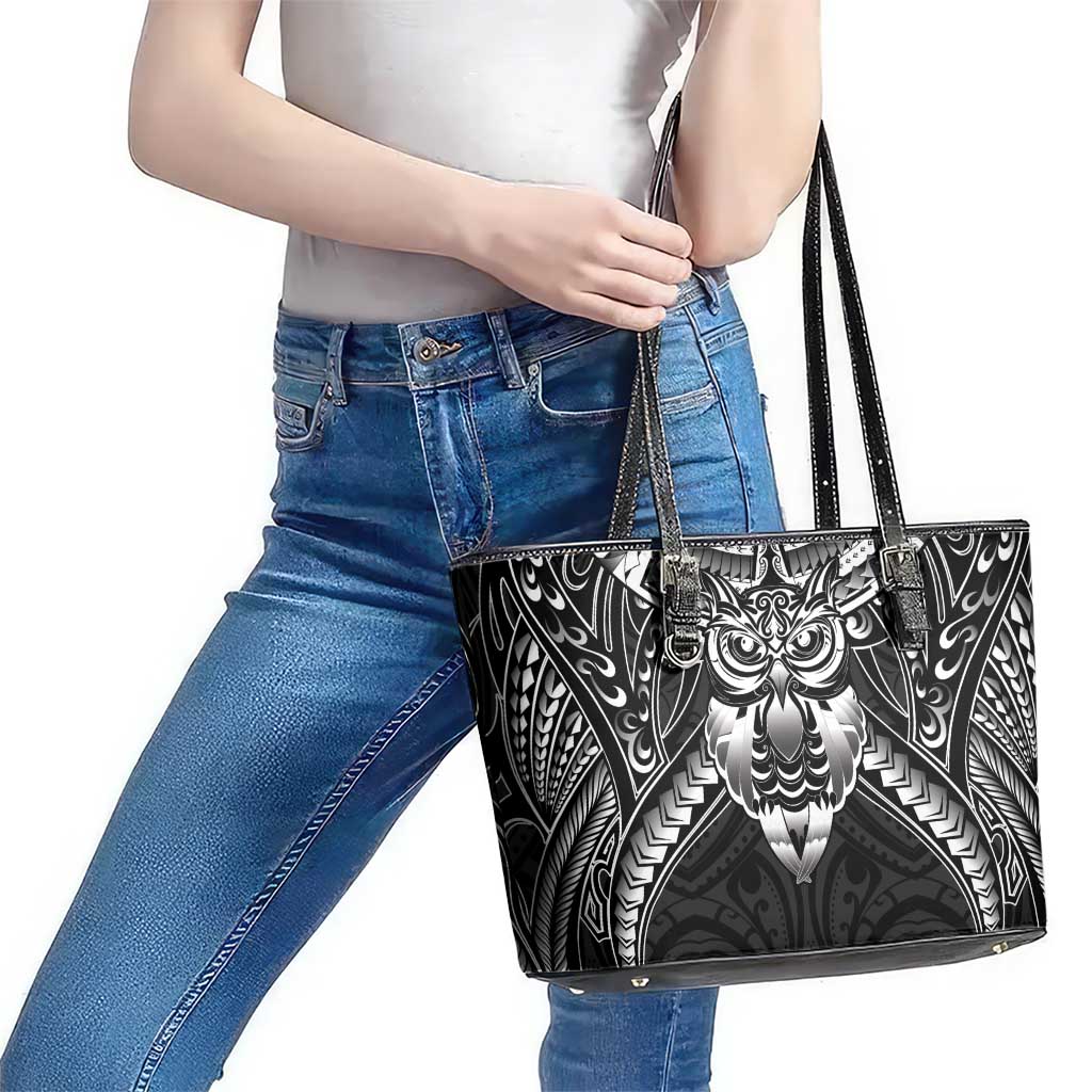 New Zealand Morepork Leather Tote Bag Maori Pattern Black LT05 - Polynesian Pride