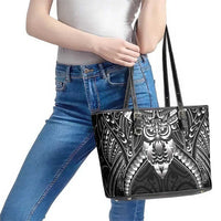 New Zealand Morepork Leather Tote Bag Maori Pattern Black LT05 - Polynesian Pride