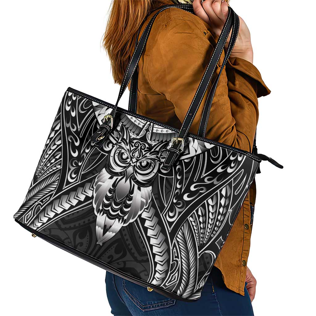 New Zealand Morepork Leather Tote Bag Maori Pattern Black LT05 - Polynesian Pride