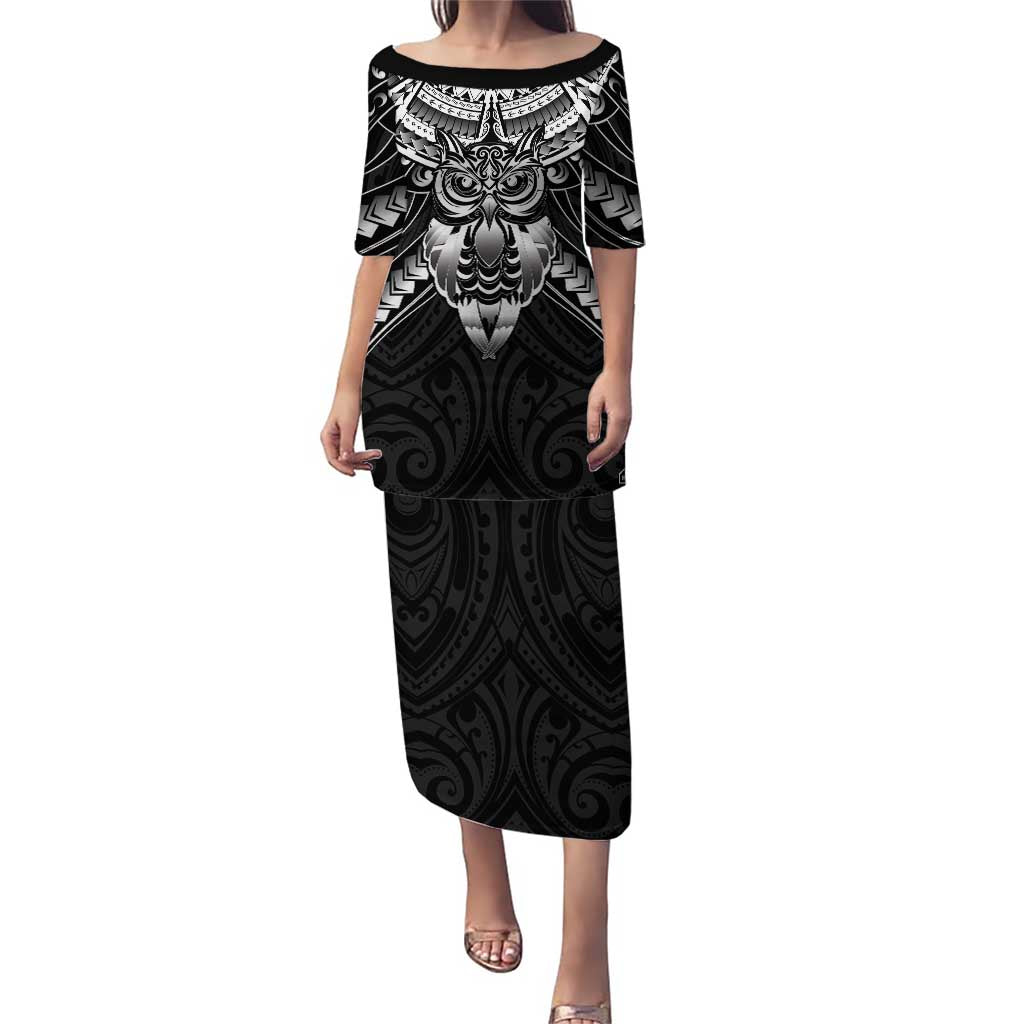 New Zealand Morepork Puletasi Maori Pattern Black