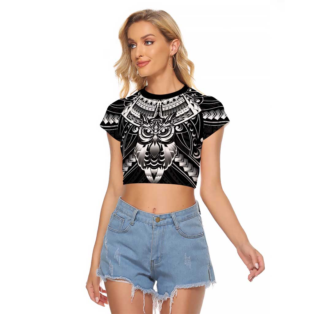 New Zealand Morepork Raglan Cropped T Shirt Maori Pattern Black