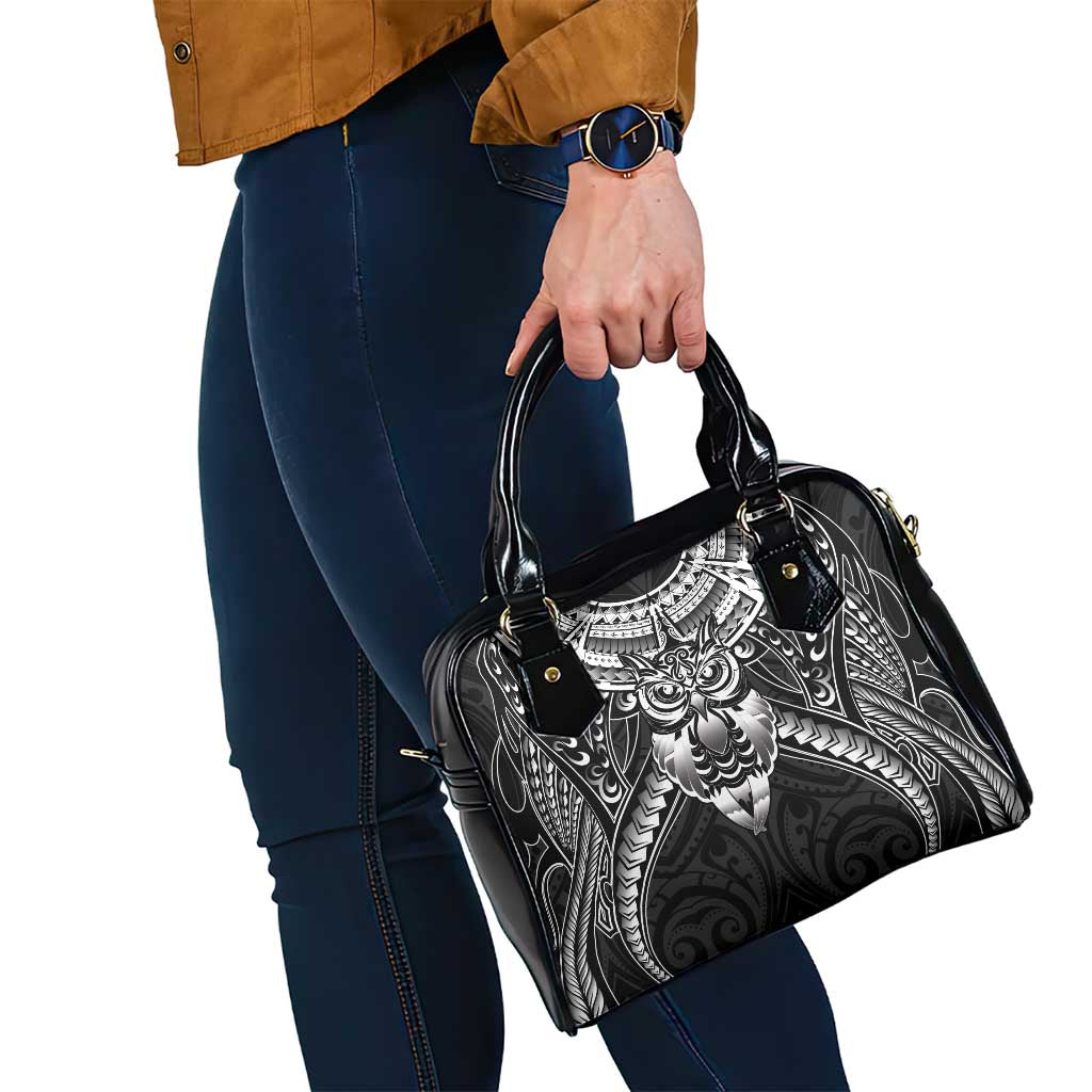 New Zealand Morepork Shoulder Handbag Maori Pattern Black