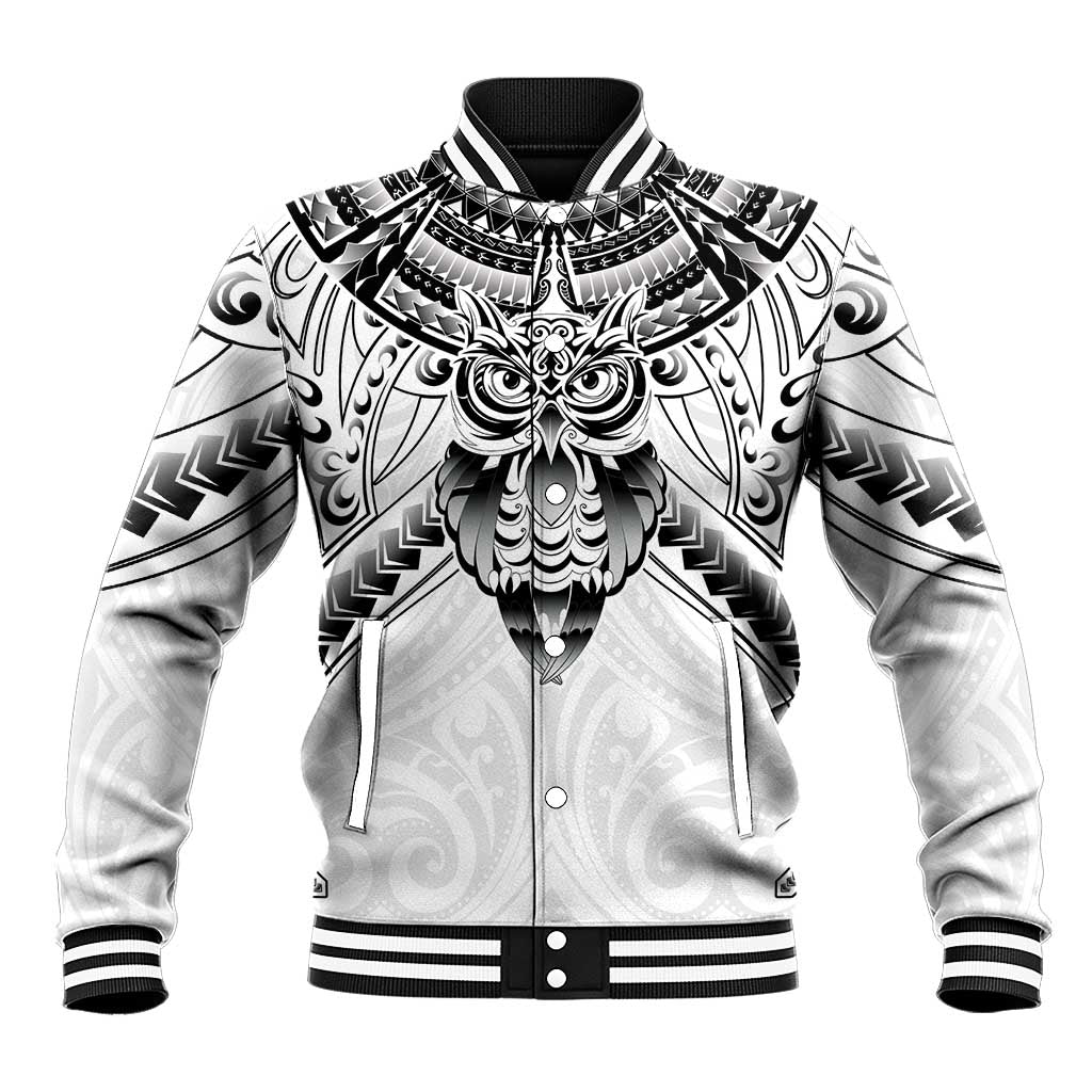 New Zealand Morepork Baseball Jacket Maori Pattern White