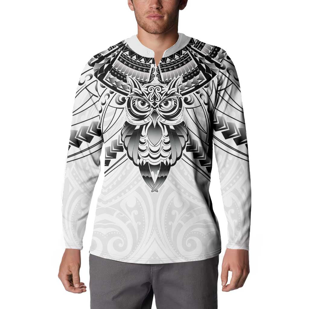 New Zealand Morepork Button Sweatshirt Maori Pattern White
