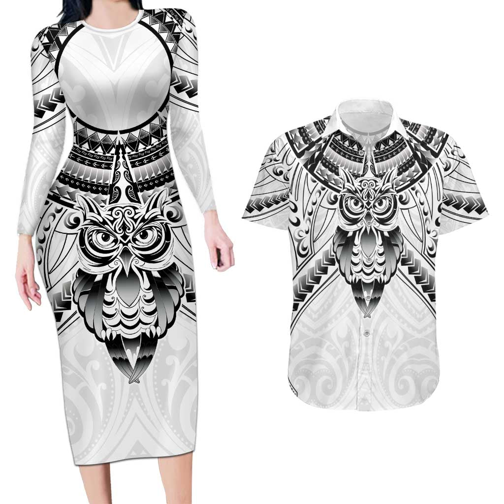 New Zealand Morepork Couples Matching Long Sleeve Bodycon Dress and Hawaiian Shirt Maori Pattern White LT05 White - Polynesian Pride