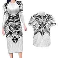 New Zealand Morepork Couples Matching Long Sleeve Bodycon Dress and Hawaiian Shirt Maori Pattern White LT05 White - Polynesian Pride