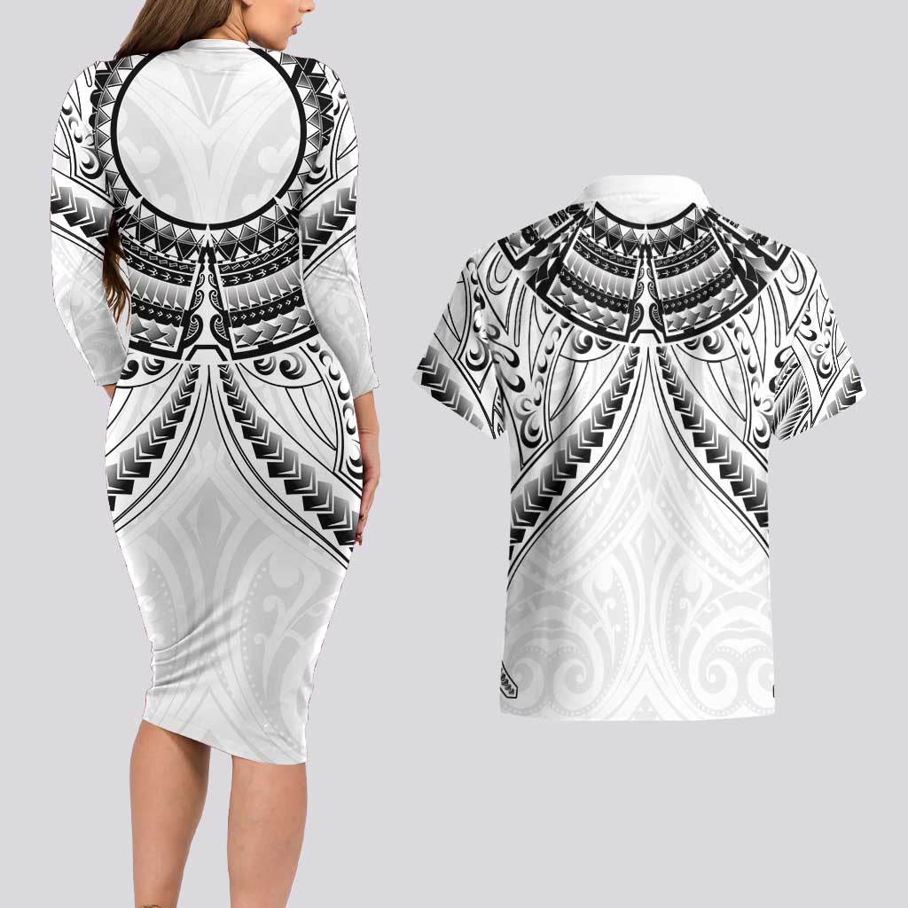New Zealand Morepork Couples Matching Long Sleeve Bodycon Dress and Hawaiian Shirt Maori Pattern White LT05 - Polynesian Pride