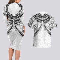 New Zealand Morepork Couples Matching Long Sleeve Bodycon Dress and Hawaiian Shirt Maori Pattern White LT05 - Polynesian Pride