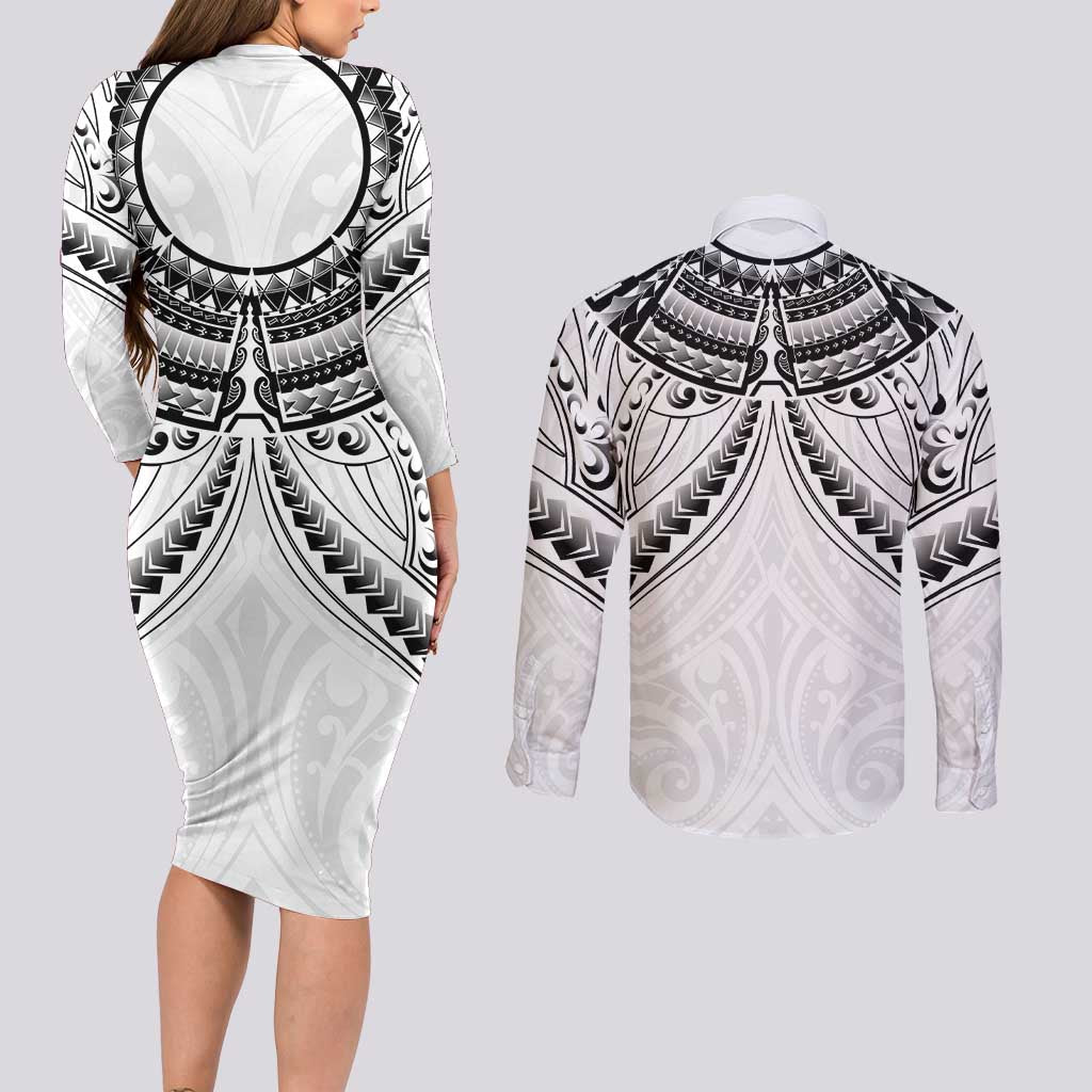 New Zealand Morepork Couples Matching Long Sleeve Bodycon Dress and Long Sleeve Button Shirt Maori Pattern White LT05 - Polynesian Pride