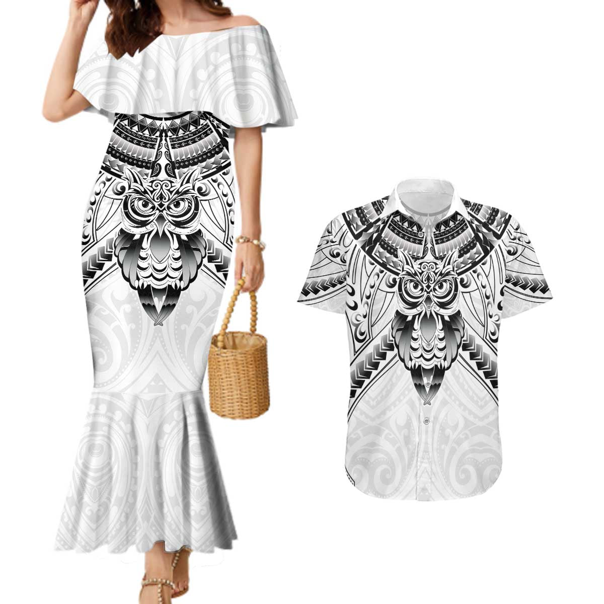 New Zealand Morepork Couples Matching Mermaid Dress and Hawaiian Shirt Maori Pattern White LT05 White - Polynesian Pride