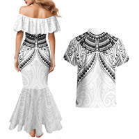 New Zealand Morepork Couples Matching Mermaid Dress and Hawaiian Shirt Maori Pattern White LT05 - Polynesian Pride